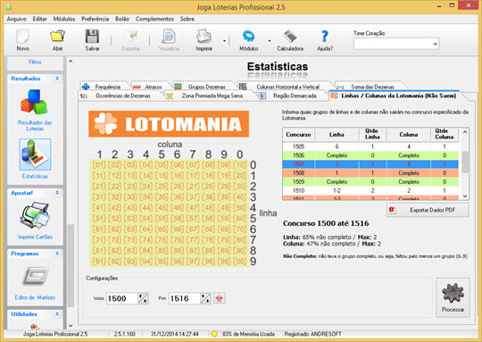 Estatísticas de Linhas/Colunas da Lotomania (Não Saem)